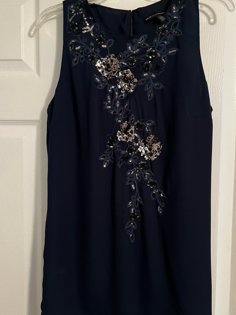 White House Black Market Navy Sequin Floral Embroidered Blouse NWOT 12